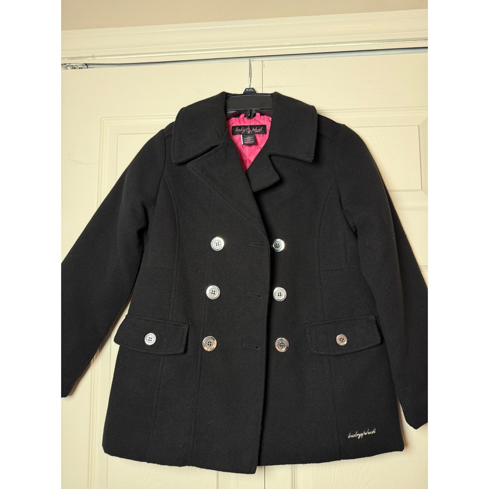 Baby Phat Girlz Black Double Breasted Pea Coat‎ Pink Quilted Lining Size M